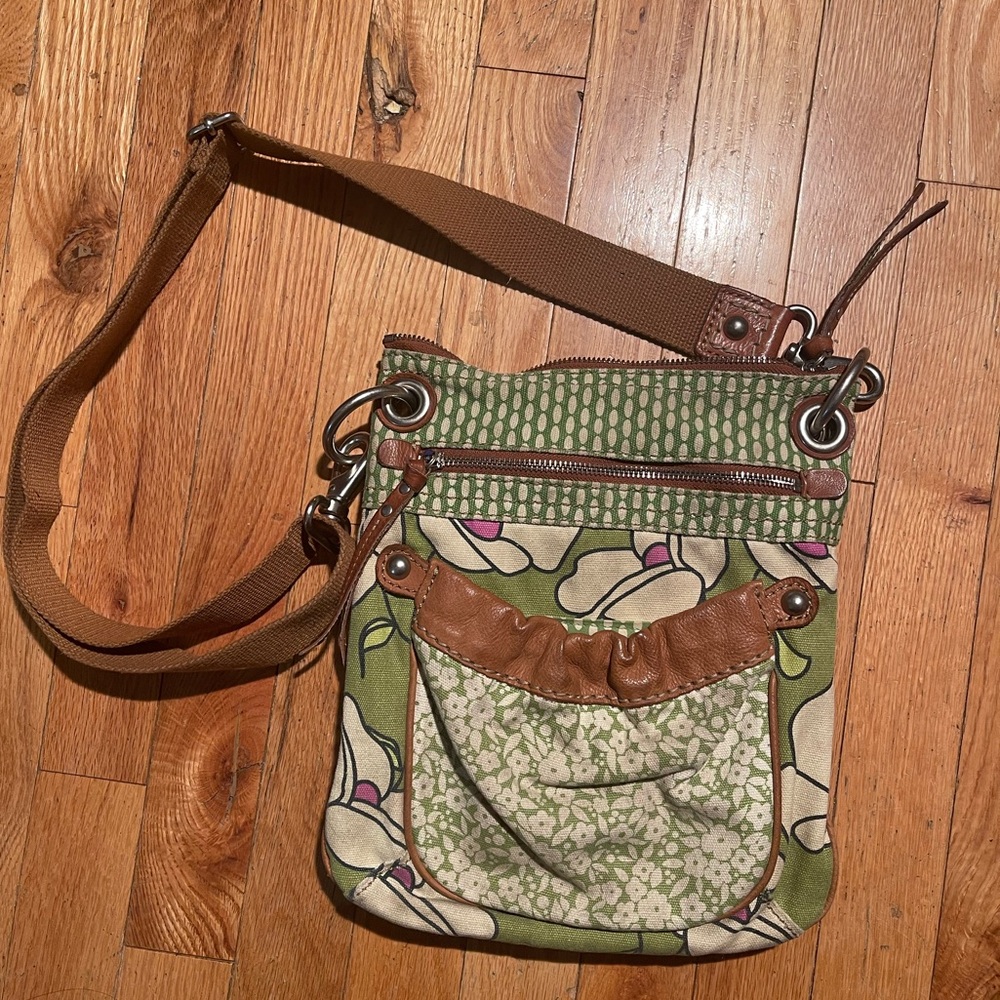 Fossil Green and Brown Floral Adjustable Crossbody/shoulder Bag